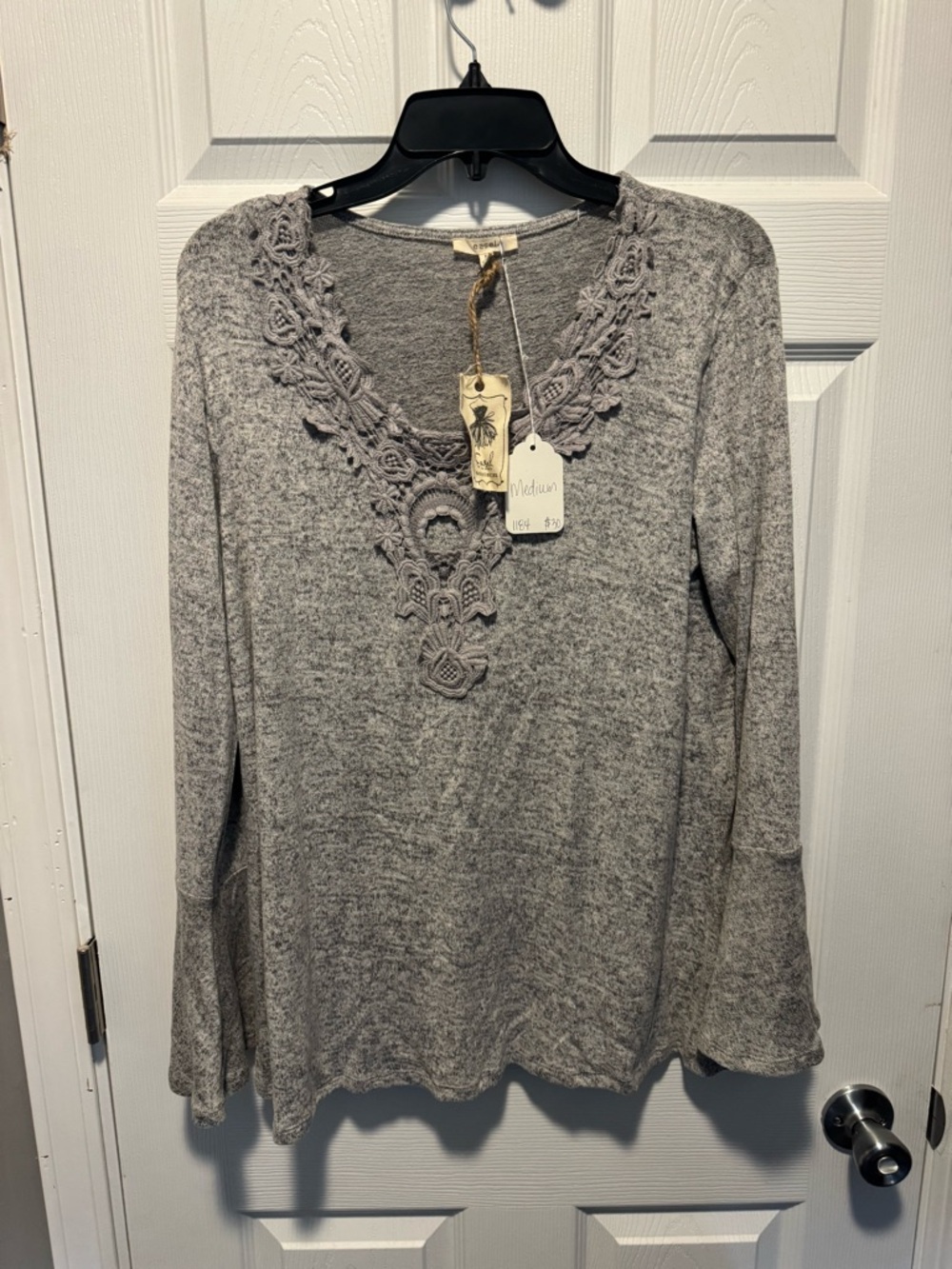 easel Gray Lace-Trim V-Neck Long Sleeve Top